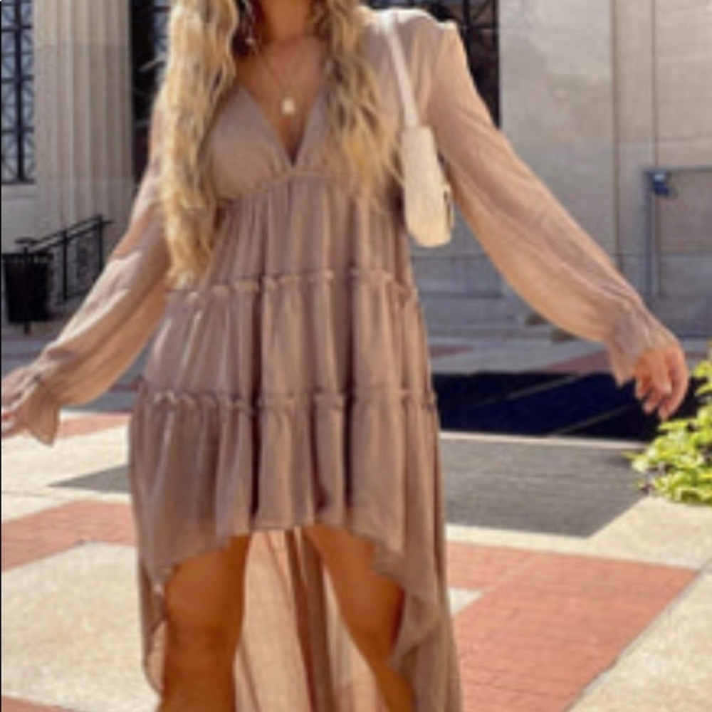 Taupe High-Low “Nothing But a Memory” Dress - Tie in Back